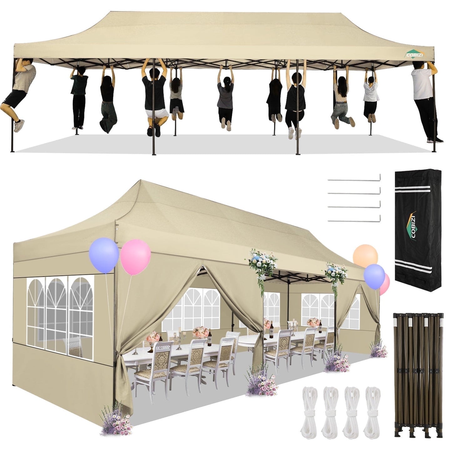 COBIZI Heavy Duty 10x30 Party Tent,Commercial pop up Canopy for Parties,Waterproof Gazebos, 8 Sidewalls,Waterproof UPF50+,Stable Thickened Frame,Khaki