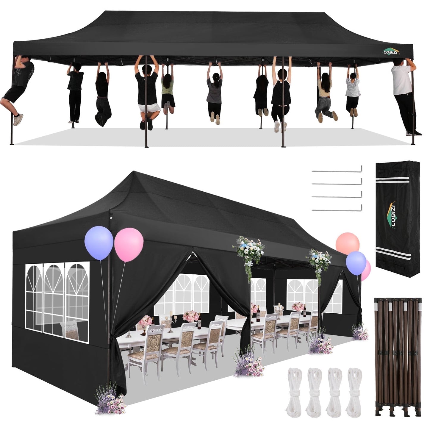 COBIZI Heavy Duty 10x30 Party Tent,Commercial pop up Canopy for Parties,Waterproof Gazebos, 8 Sidewalls,Waterproof UPF50+,Black