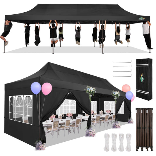 COBIZI Heavy Duty 10x30 Party Tent,Commercial pop up Canopy for Parties,Waterproof Gazebos, 8 Sidewalls,Waterproof UPF50+,Black