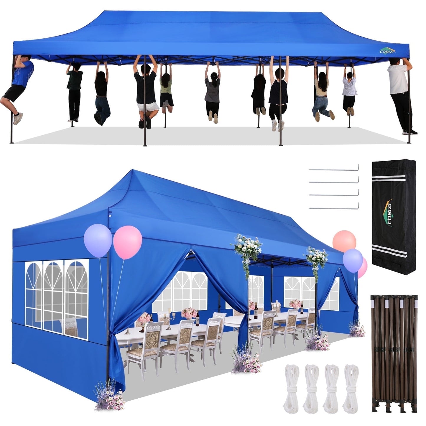 COBIZI Heavy Duty 10x30 Party Tent,Commercial pop up Canopy for Parties,Waterproof Gazebos, 8 Sidewalls,Waterproof UPF50+,Stable Thickened Frame,Blue