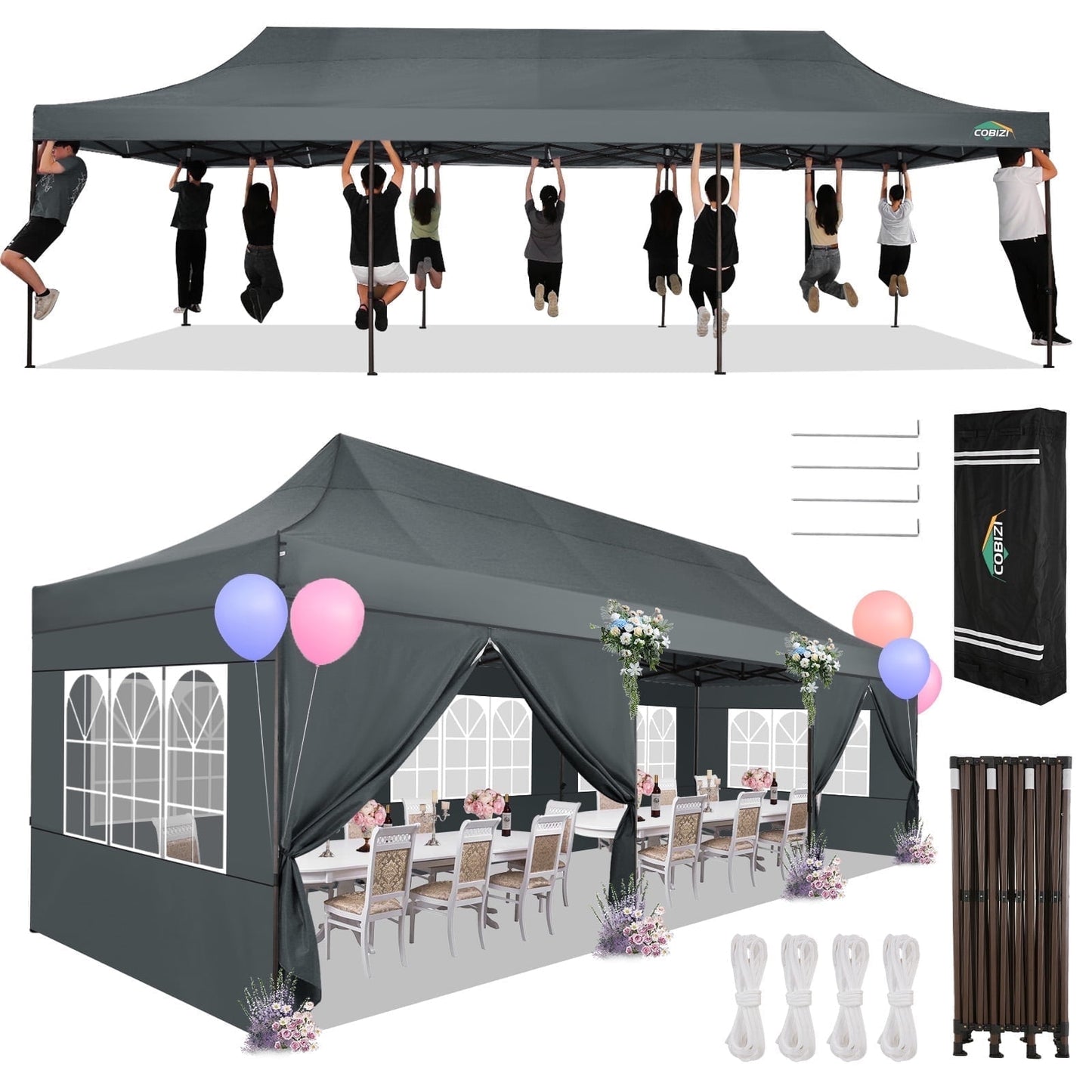 COBIZI Heavy Duty 10x30 Party Tent,Commercial pop up Canopy for Parties,Waterproof Gazebos, 8 Sidewalls,Waterproof UPF50+,Stable Thickened Frame,Gray