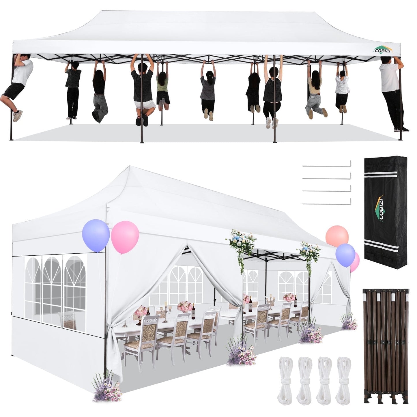 COBIZI Heavy Duty 10x30 Party Tent,Commercial pop up Canopy for Parties,Waterproof Gazebos, 8 Sidewalls,Waterproof UPF50+,White