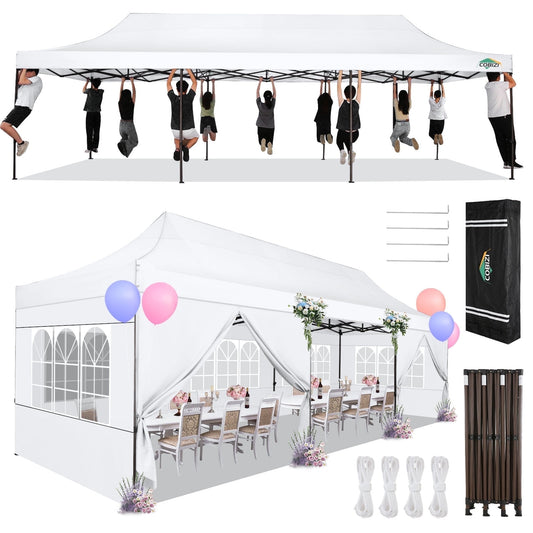 COBIZI Heavy Duty 10x30 Party Tent,Commercial pop up Canopy for Parties,Waterproof Gazebos, 8 Sidewalls,Waterproof UPF50+,White