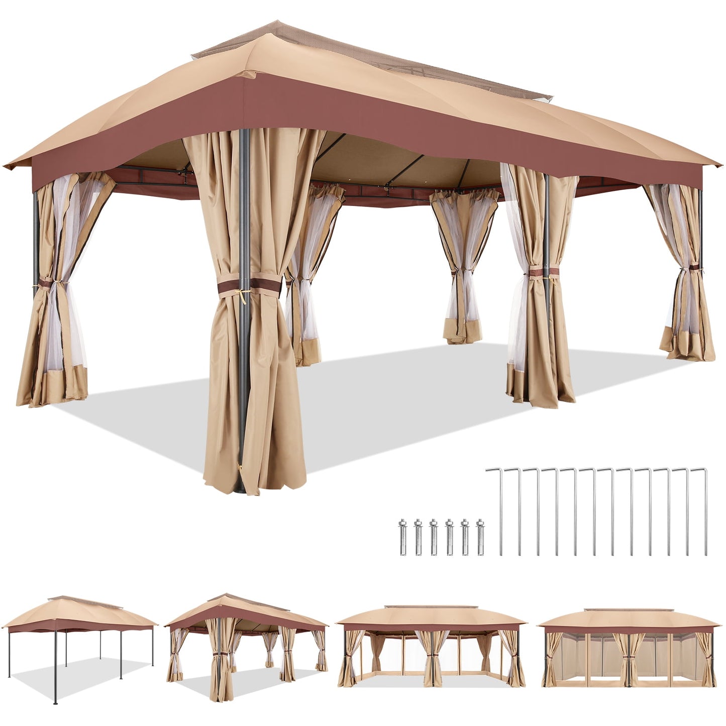 COBIZI Heavy Duty 12x20 Metal Patio Gazebo Outdoor Gazebo Canopy Tent with 6 Mosquito Netting and Curtains Gazebos Shelter 100% Waterproof with Double Roof for Party, Backyard, Deck, Garden, Brown