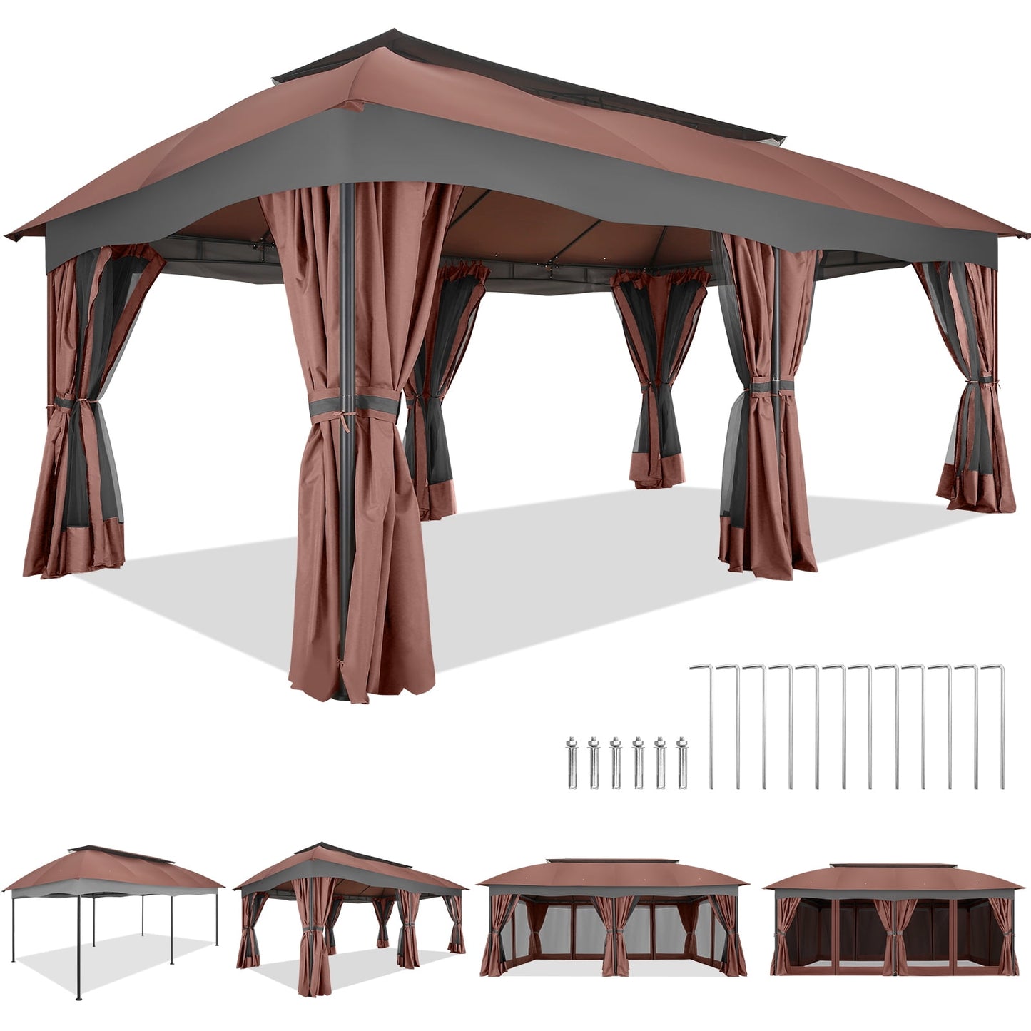 COBIZI Heavy Duty 12x20 Metal Patio Gazebo Outdoor Gazebo Canopy Tent with 6 Mosquito Netting and Curtains Gazebos Shelter 100% Waterproof with Double Roof for Party, Backyard, Deck, Garden, Brown