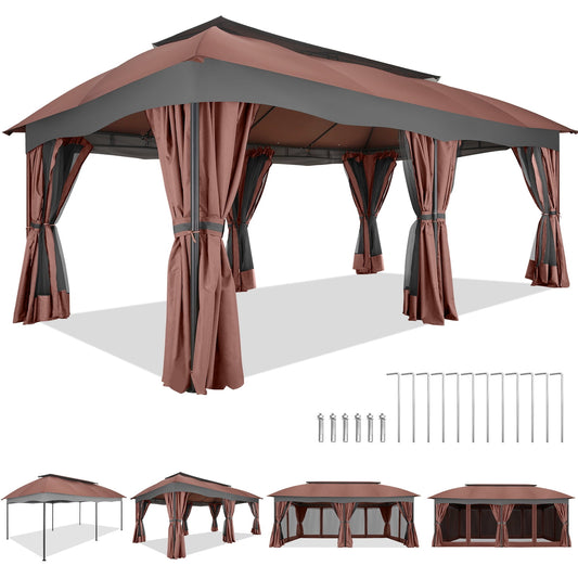 COBIZI Heavy Duty 12x20 Metal Patio Gazebo Outdoor Gazebo Canopy Tent with 6 Mosquito Netting and Curtains Gazebos Shelter 100% Waterproof with Double Roof for Party, Backyard, Deck, Garden, Brown