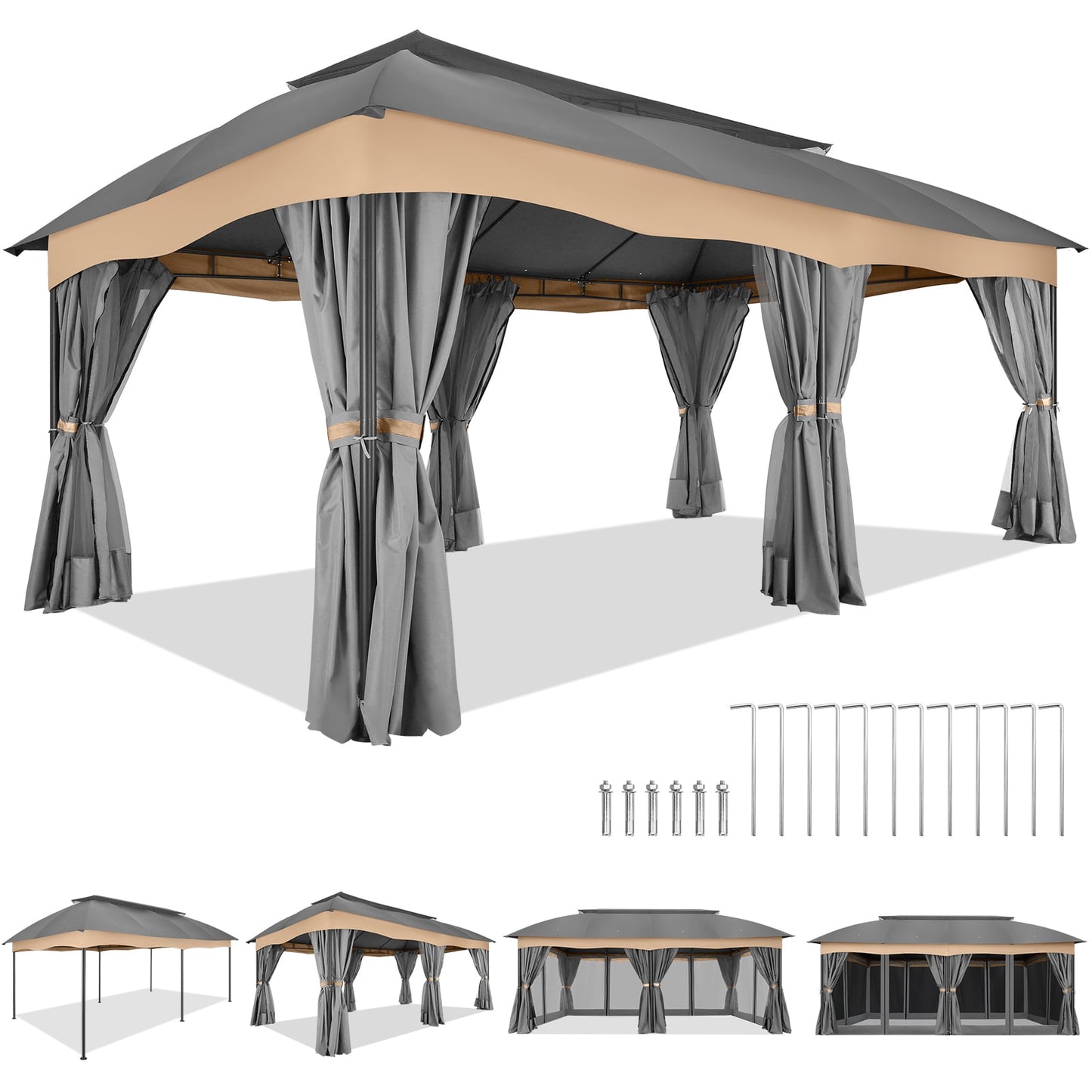 COBIZI Heavy Duty 12x20 Metal Patio Gazebo Outdoor Gazebo Canopy Tent with 6 Mosquito Netting and Curtains Gazebos Shelter 100% Waterproof with Double Roof for Party, Backyard, Deck, Garden, Brown