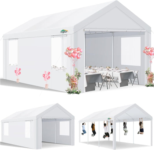 COBIZI Heavy Duty Party Tent, 10x20ft Large Ourdoor Carport Canopy Wedding Tent with Removable Sidewalls, White Tent for Party, Carpas para Fiestas, Canopy Tent with Built-in Sandbags, UV 50+