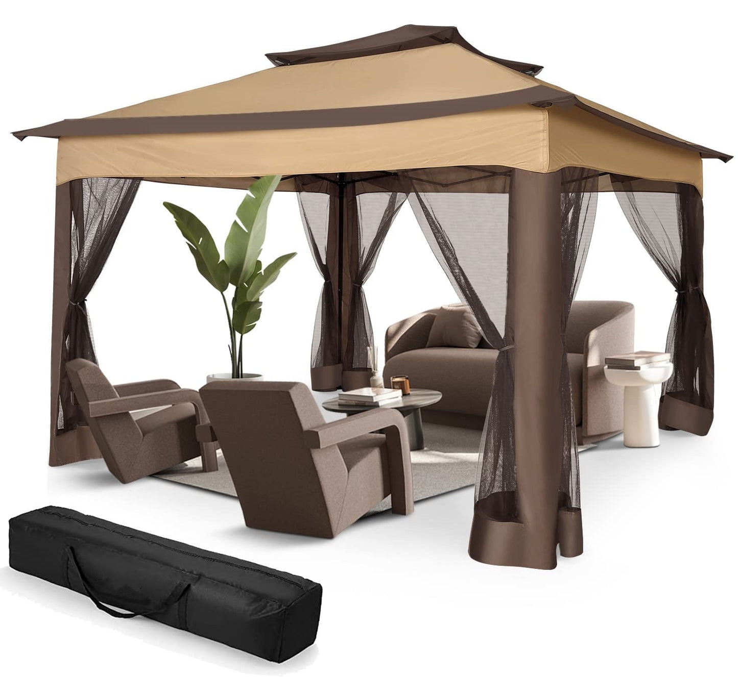 COBIZI Outdoor Canopy Gazebo 11x11 Pop-up Gazebo Patio Gazebo with Mosquito Netting Outdoor Canopy Shelter with 121 Square feet of Shade for Outdoor Lawn, Garden, Backyard and Deck, Brown