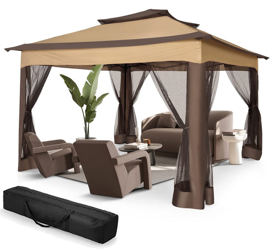 COBIZI Outdoor Canopy Gazebo 11x11 Pop-up Gazebo Patio Gazebo with Mosquito Netting Outdoor Canopy Shelter with 121 Square feet of Shade for Outdoor Lawn, Garden, Backyard and Deck, Brown