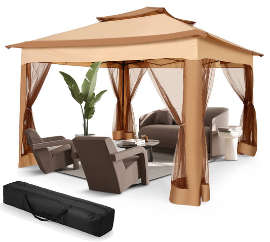 COBIZI Outdoor Canopy Gazebo 11x11 Pop-up Gazebo Patio Gazebo with Mosquito Netting Outdoor Canopy Shelter with 121 Square feet of Shade for Outdoor Lawn, Garden, Backyard and Deck, Khaki