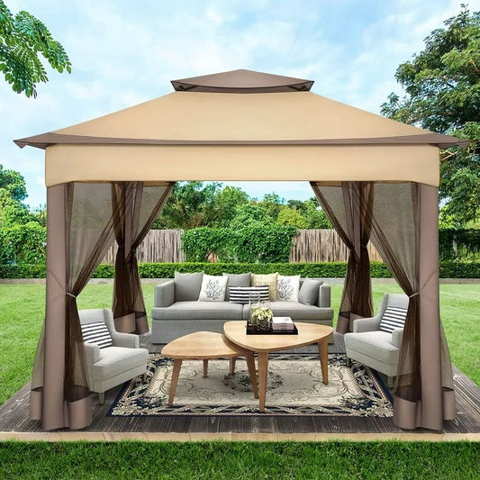 COBIZI Outdoor Canopy Gazebo 11x11 Pop-up Gazebo Patio Gazebo with Mosquito Netting Outdoor Canopy Shelter with 121 Square feet of Shade for Outdoor Lawn, Garden, Party, Backyard and Deck, Brown
