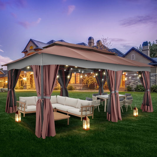 Hoteel Outdoor Gazebo 12x20 Patio Gazebo with Netting and Curtains Waterproof Gazebo with Double Roof Large Backyard Gazebo with Metal Steel Frame for Backyard, Lawn, Party, Garden, Brown