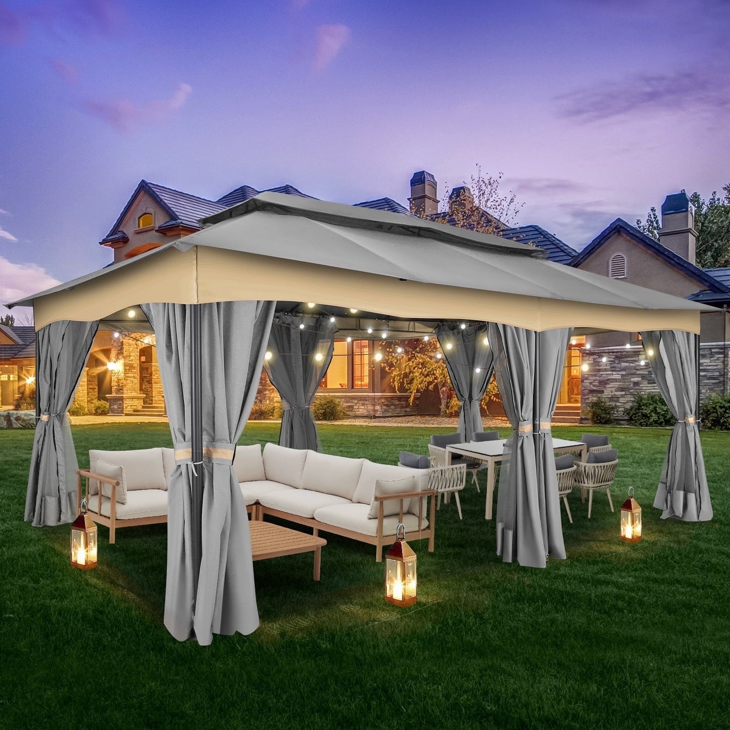 Hoteel Outdoor Gazebo 12x20 Patio Gazebo with Netting and Curtains Waterproof Gazebo with Double Roof Large Backyard Gazebo with Metal Steel Frame for Backyard, Lawn, Party, Garden, Gray