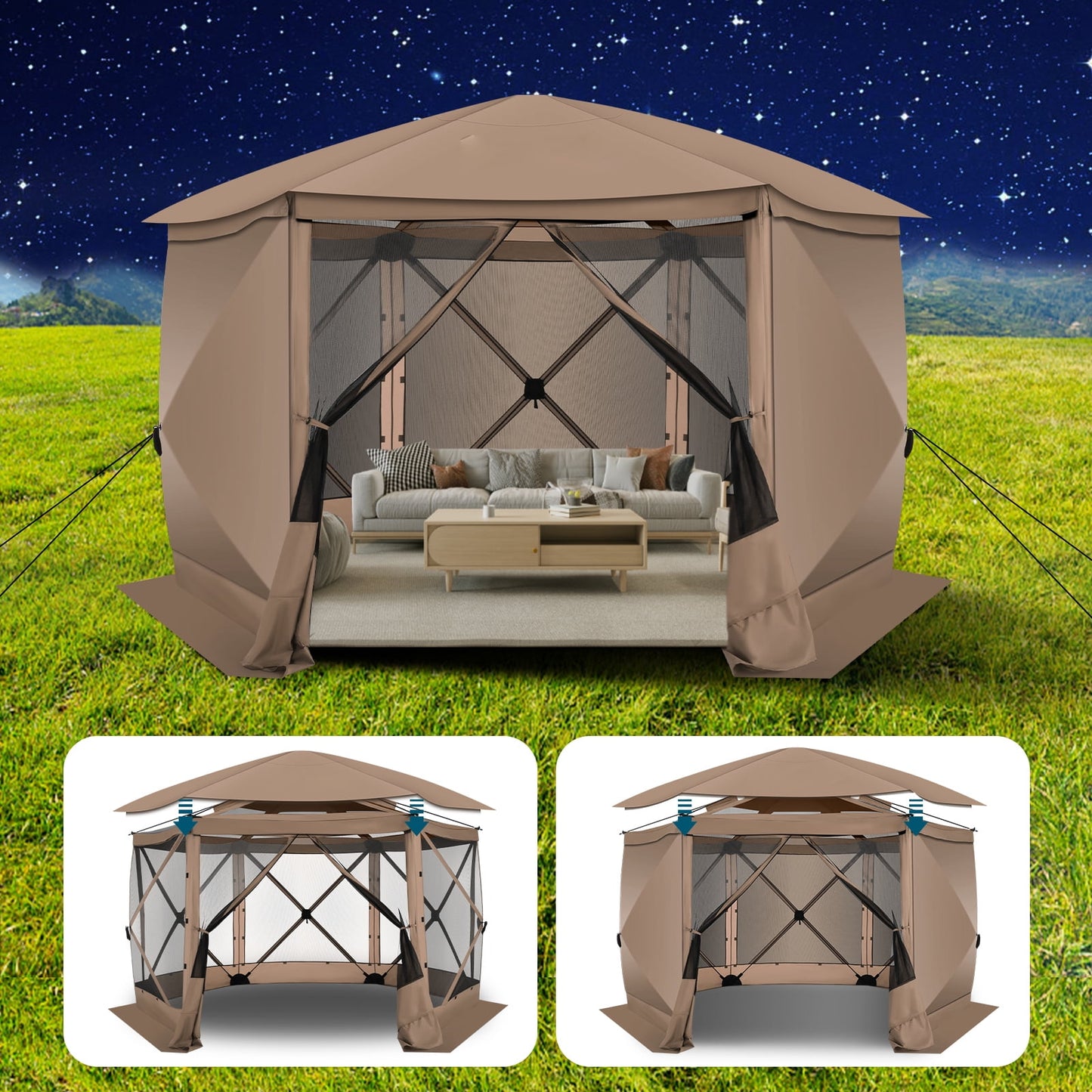 COBIZI Pop up Gazebo Screen Tent Screen House for Camping,12x12 Starry Sky Gazebo with Removable Roof, Outdoor Screened Gazebo with Sidewalls, Portable Hub Tent with Carry Bag and Ground Stakes,Khaki