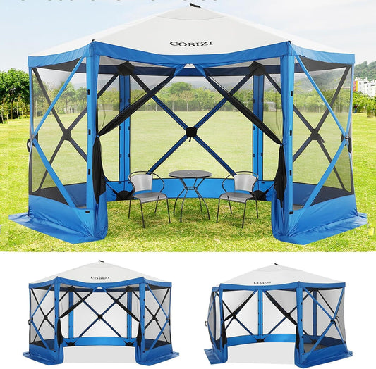 COBIZI Pop Up Gazebo Screen Tent Screen House for Camping, 12x12 Screen Room with Mosquito Netting, Hub Tent Instant Screened Canopy with Carrying Bag and Ground Stakes, Blue