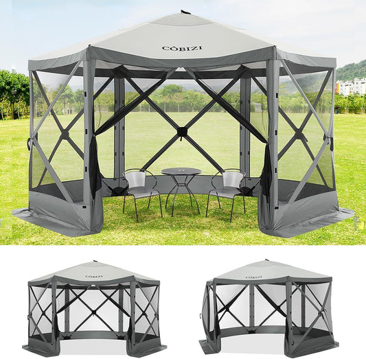 COBIZI Pop Up Gazebo Screen Tent Screen House for Camping, 12x12 Screen Room with Mosquito Netting, Hub Tent Instant Screened Canopy with Carrying Bag and Ground Stakes, Gray