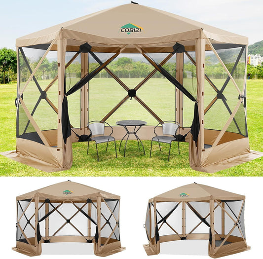 COBIZI Pop Up Gazebo Screen Tent Screen House for Camping, 12x12 Screen Room with Mosquito Netting, Hub Tent Instant Screened Canopy with Carrying Bag and Ground Stakes, Khaki