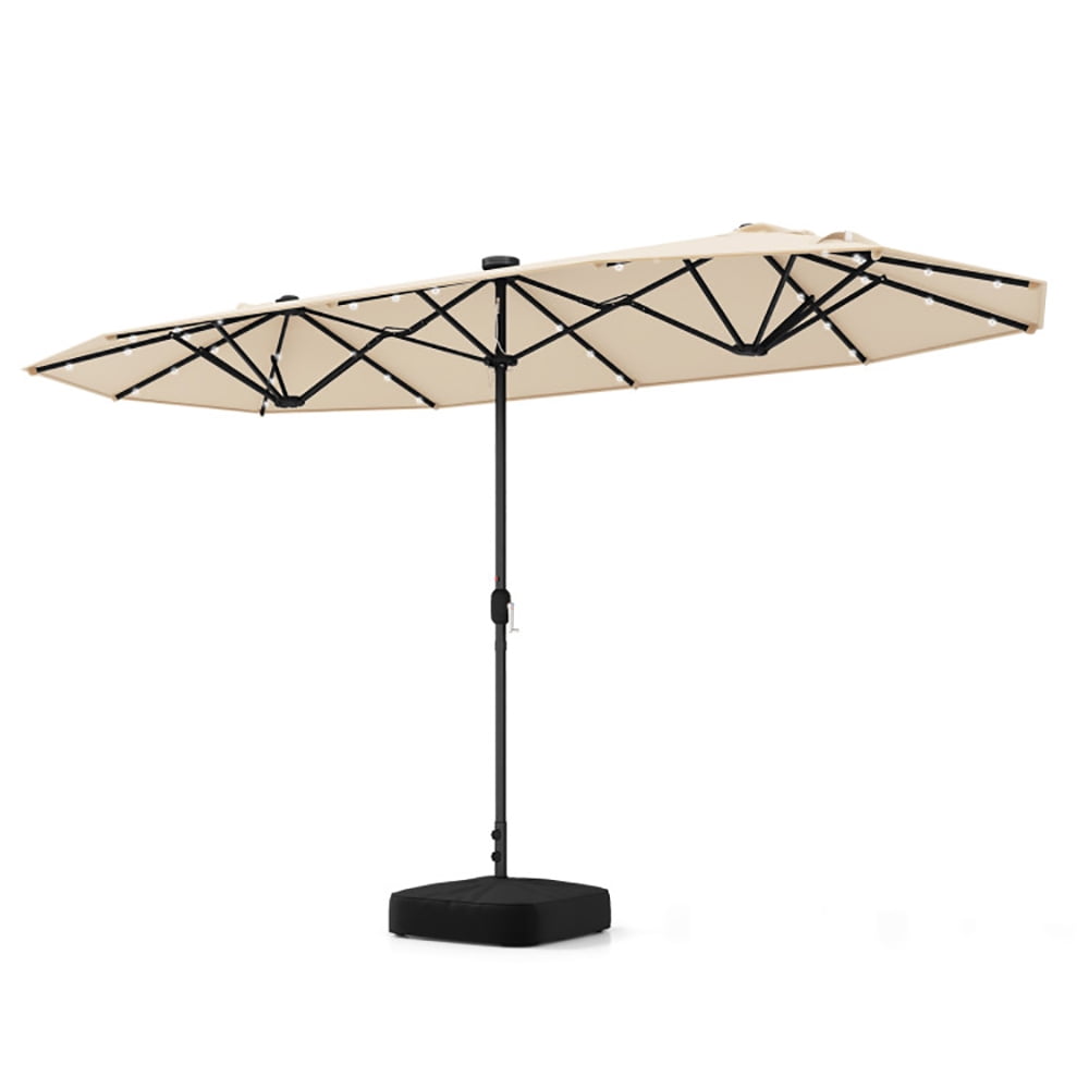 GVN 13FT Double-sided Patio Umbrella with Solar Lights for Garden Pool Backyard-Beige, Patio Offset Umbrella with Easy Tilt Adjustment, Cantilever Patio Umbrellas, Sunshade Umbrella Canopy