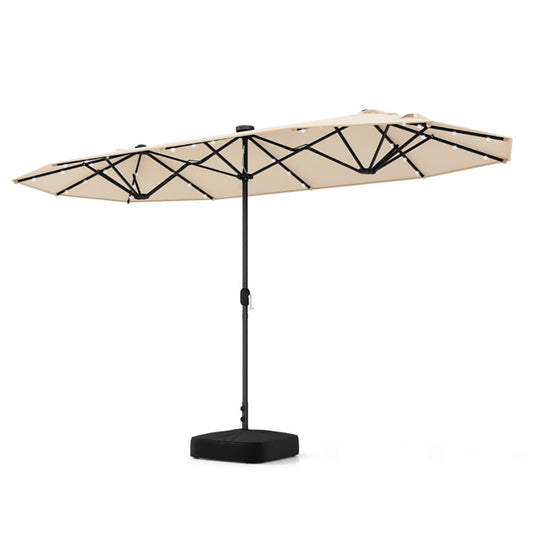 GVN 13FT Double-sided Patio Umbrella with Solar Lights for Garden Pool Backyard-Beige, Patio Offset Umbrella with Easy Tilt Adjustment, Cantilever Patio Umbrellas, Sunshade Umbrella Canopy
