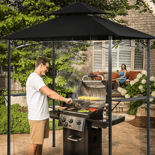 Grezjxc Grill Gazebo 8 x 5 Double Tiered Outdoor BBQ Grill Patio Canopy, Backyard Barbeque Tent with Extra Shelves, Black