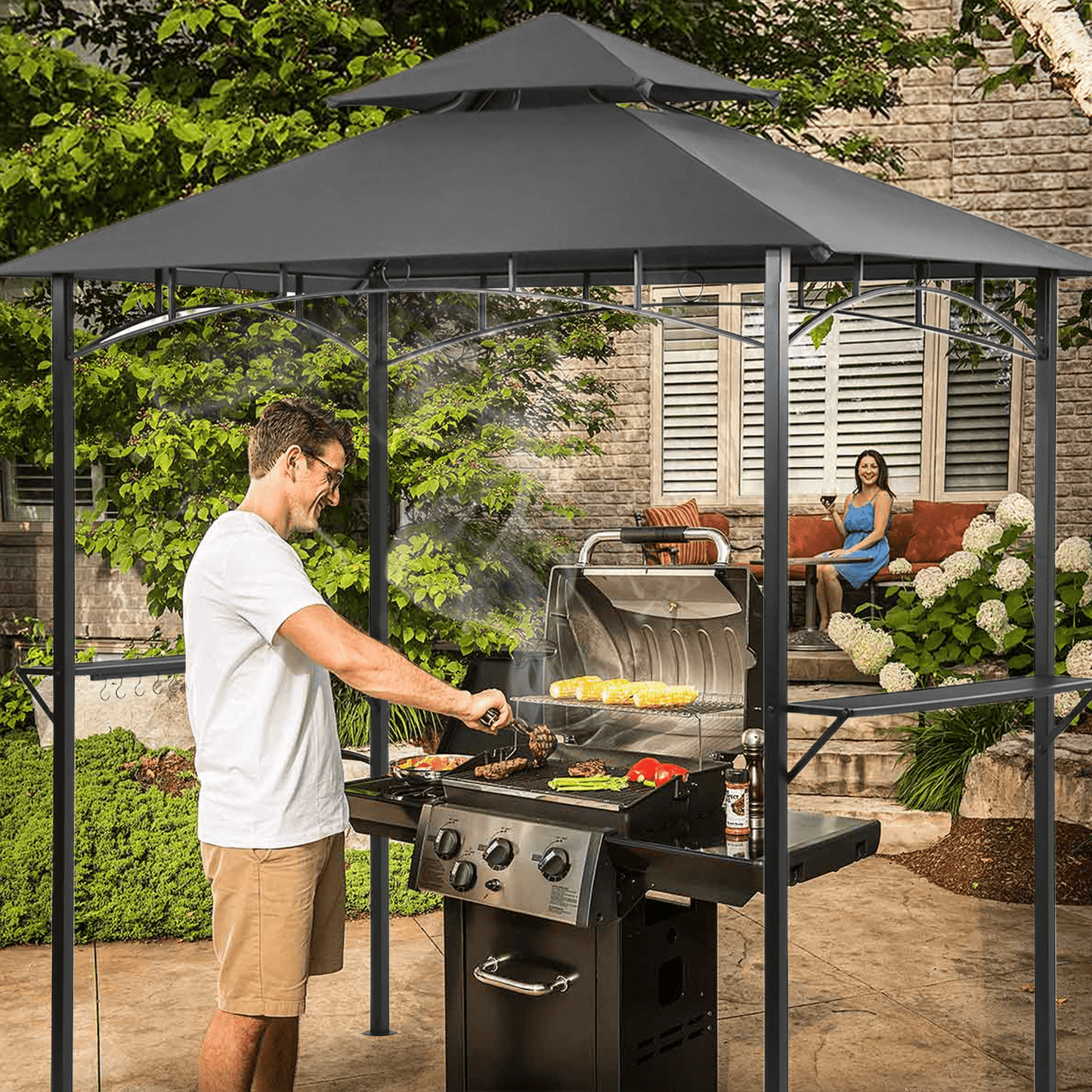 Grezjxc Grill Gazebo 8 x 5 Double Tiered Outdoor BBQ Grill Patio Canopy, Backyard Barbeque Tent with Extra Shelves, Gray