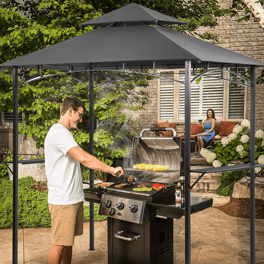 Grezjxc Grill Gazebo 8 x 5 Double Tiered Outdoor BBQ Grill Patio Canopy, Backyard Barbeque Tent with Extra Shelves, Gray