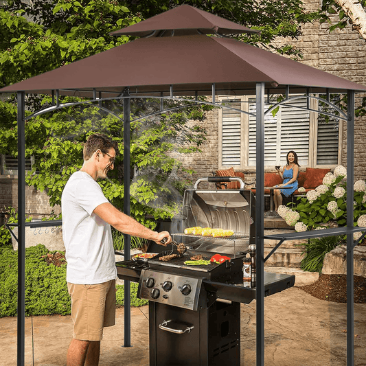 Grezjxc Grill Gazebo 8 x 5 Double Tiered Outdoor BBQ Grill Patio Canopy, Backyard Barbeque Tent with Extra Shelves
