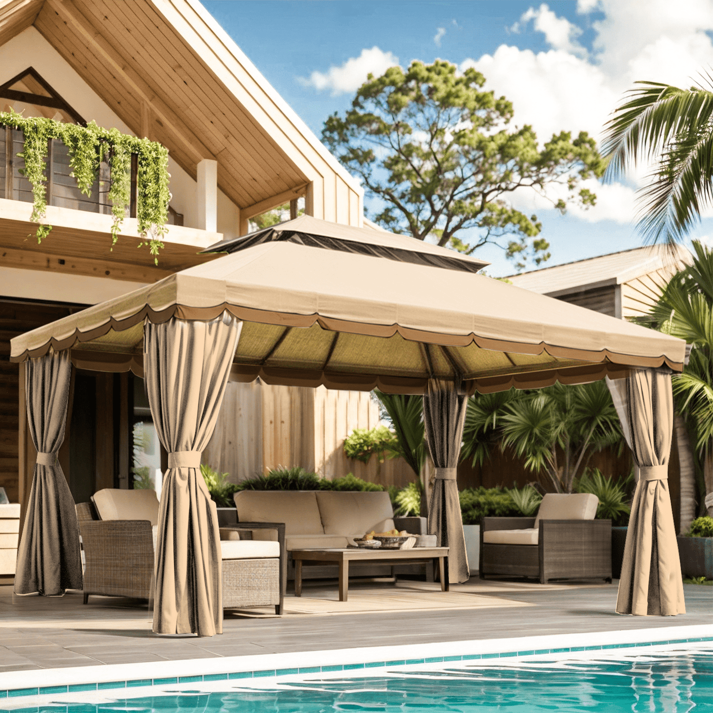 Grezone 10¡Á13 FT Deluxe No Screws Gazebo,Double Roof Outdoor Shelter Tent with Mosquito Nettings and Privacy Screens