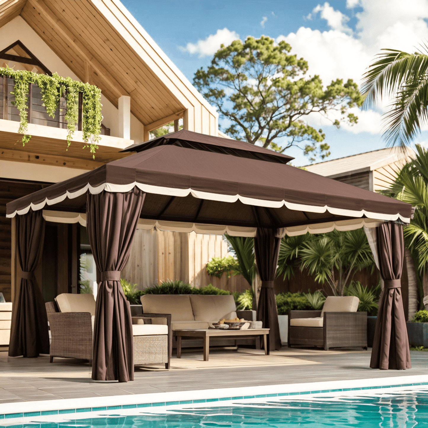 Grezone 10¡Á13 FT Deluxe No Screws Gazebo,Double Roof Outdoor Shelter Tent with Mosquito Nettings and Privacy Screens