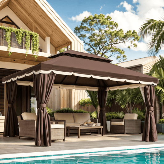 Grezone 10¡Á13 FT Deluxe No Screws Gazebo,Double Roof Outdoor Shelter Tent with Mosquito Nettings and Privacy Screens