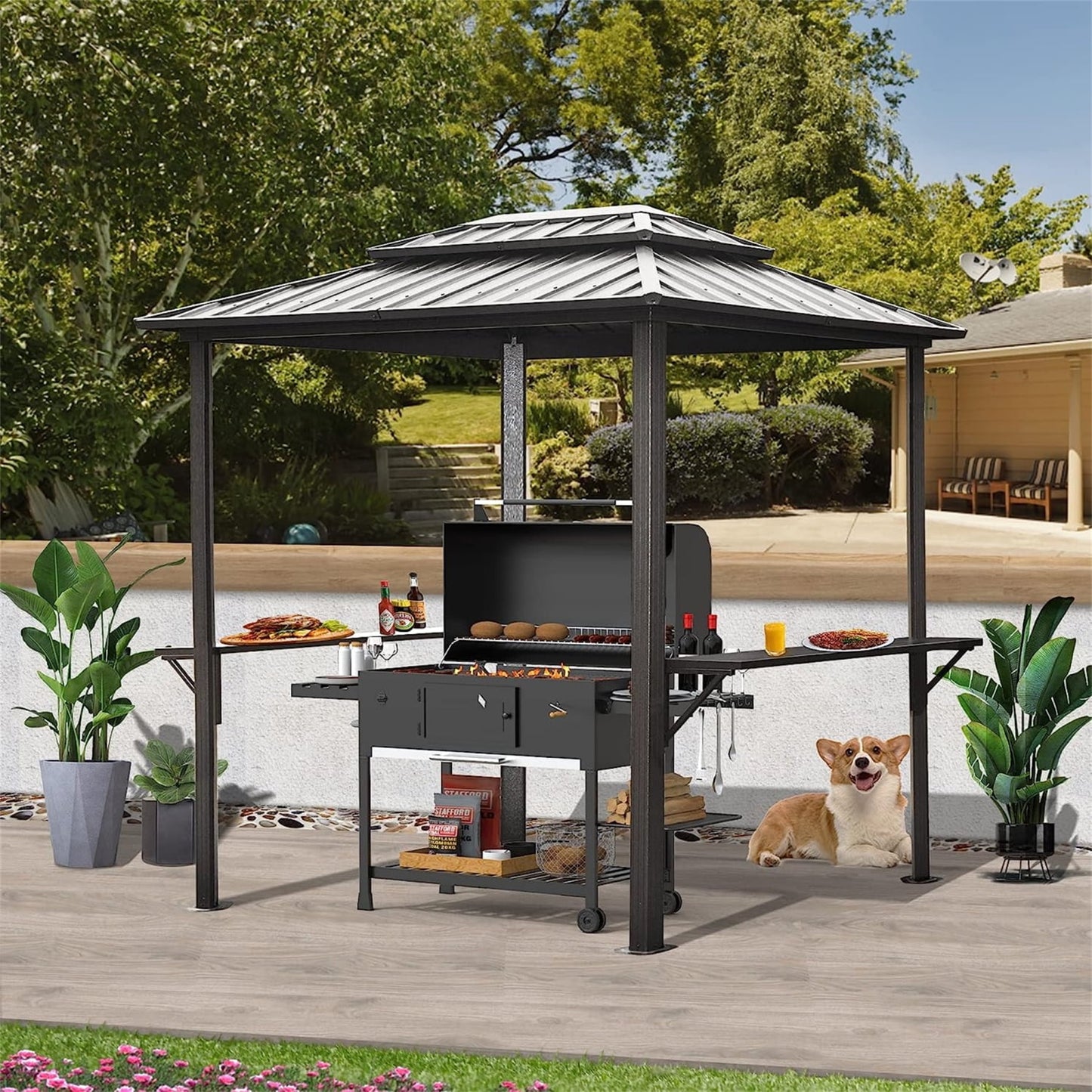 Grill Gazebo 8' ¡Á 6', Aluminum BBQ Gazebo Outdoor Metal Frame with Shelves Serving Tables, Permanent Double Roof Hard top Gazebos for Patio Lawn Deck Backyard and Garden (Grey)