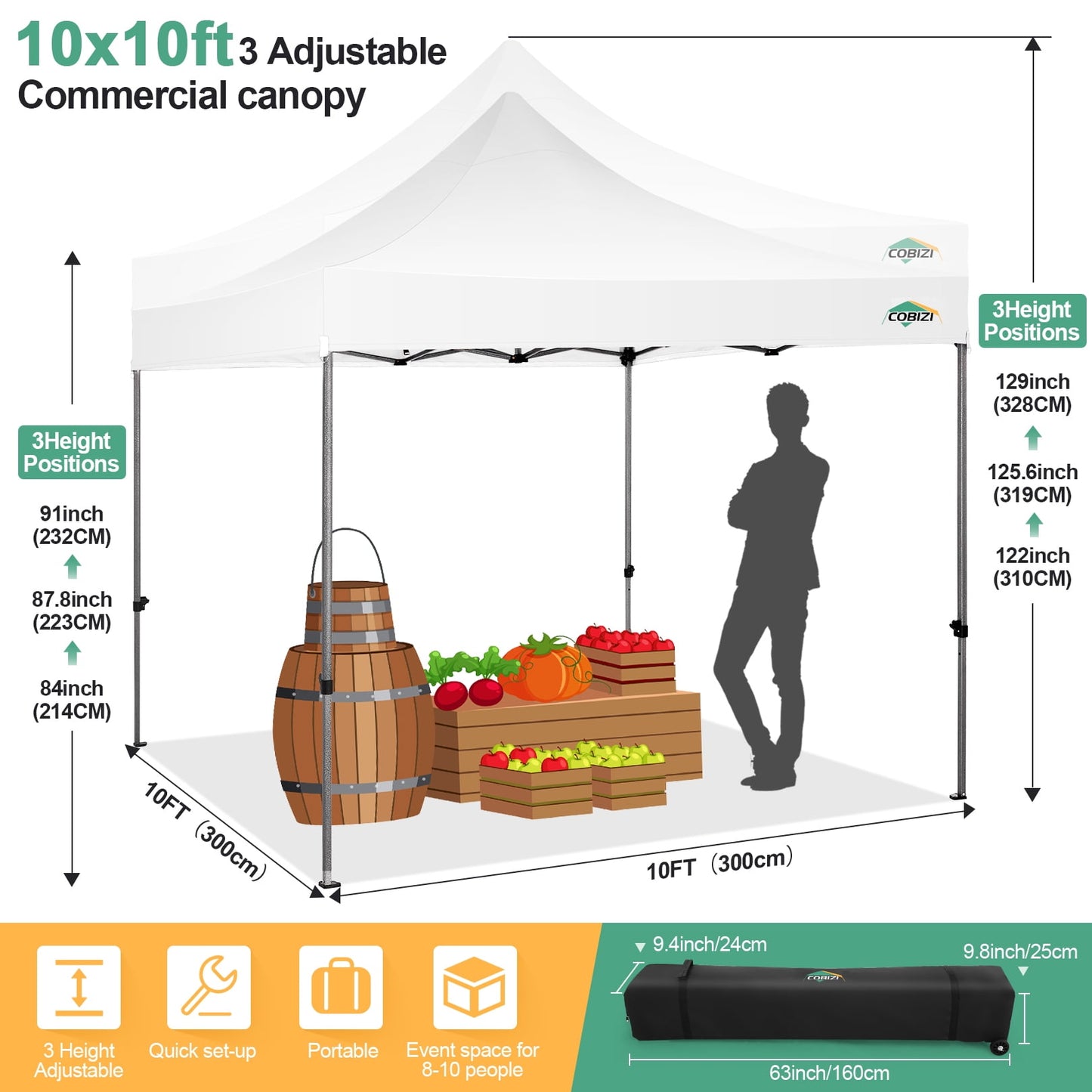 COBIZI 10x10 Pop up Canopy Commercial Heavy Duty Canopy Tent with 4 sidewalls Easy Up Outdoor Party Tent Instant Canopy All Season Windproof & Waterproof Canopy with Roller Bag,White(Frame Thickened)