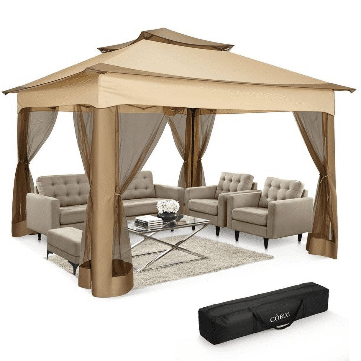 COBIZI Outdoor Canopy Gazebo 11x11 Pop-up Gazebo Patio Gazebo with Mosquito Netting Outdoor Canopy Shelter with 121 Square feet of Shade for Outdoor Lawn, Garden, Party, Backyard and Deck, Khaki