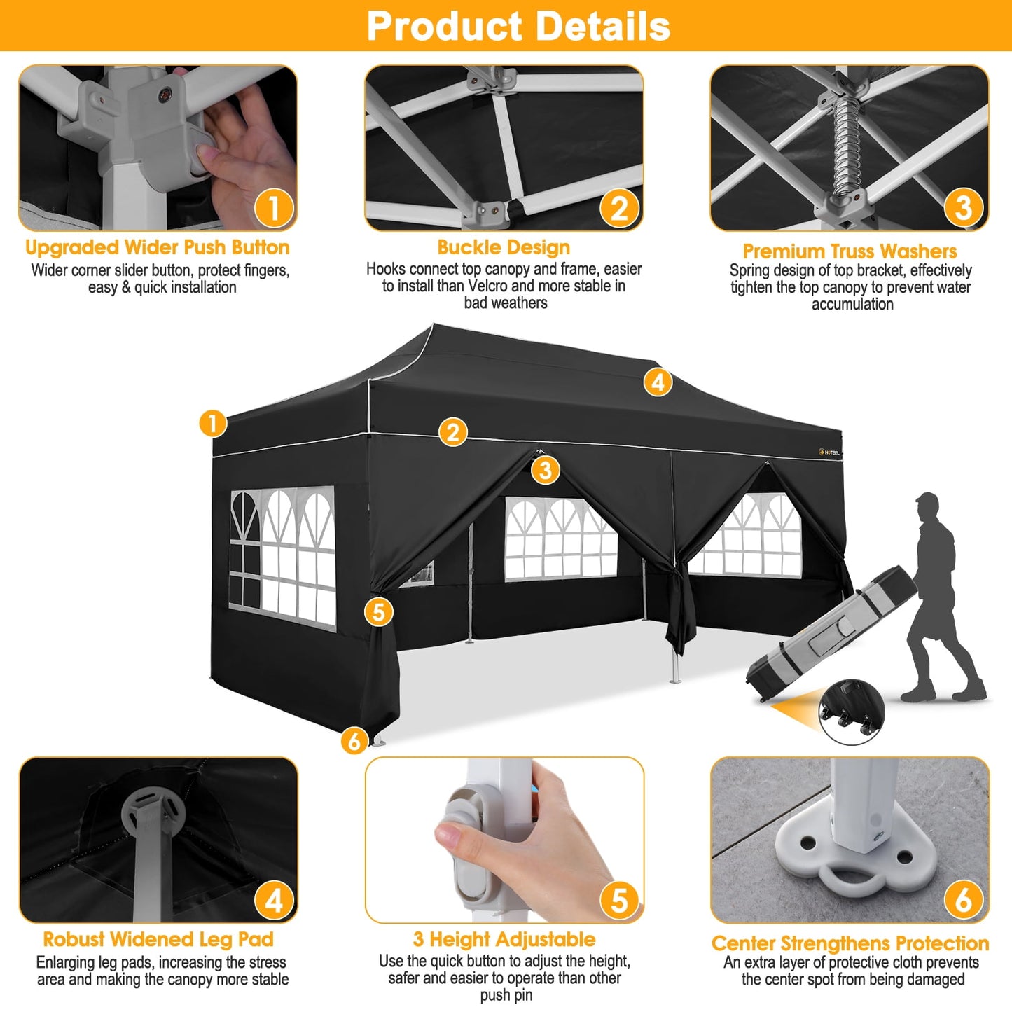 COBIZI Canopy 10x20 Pop up Canopy with 6 Sidewalls Heavy Duty Party Tent Outdoor Party Event Gazebo Commercial Canopy Tents for Parties Wedding Outdoor Events,Black