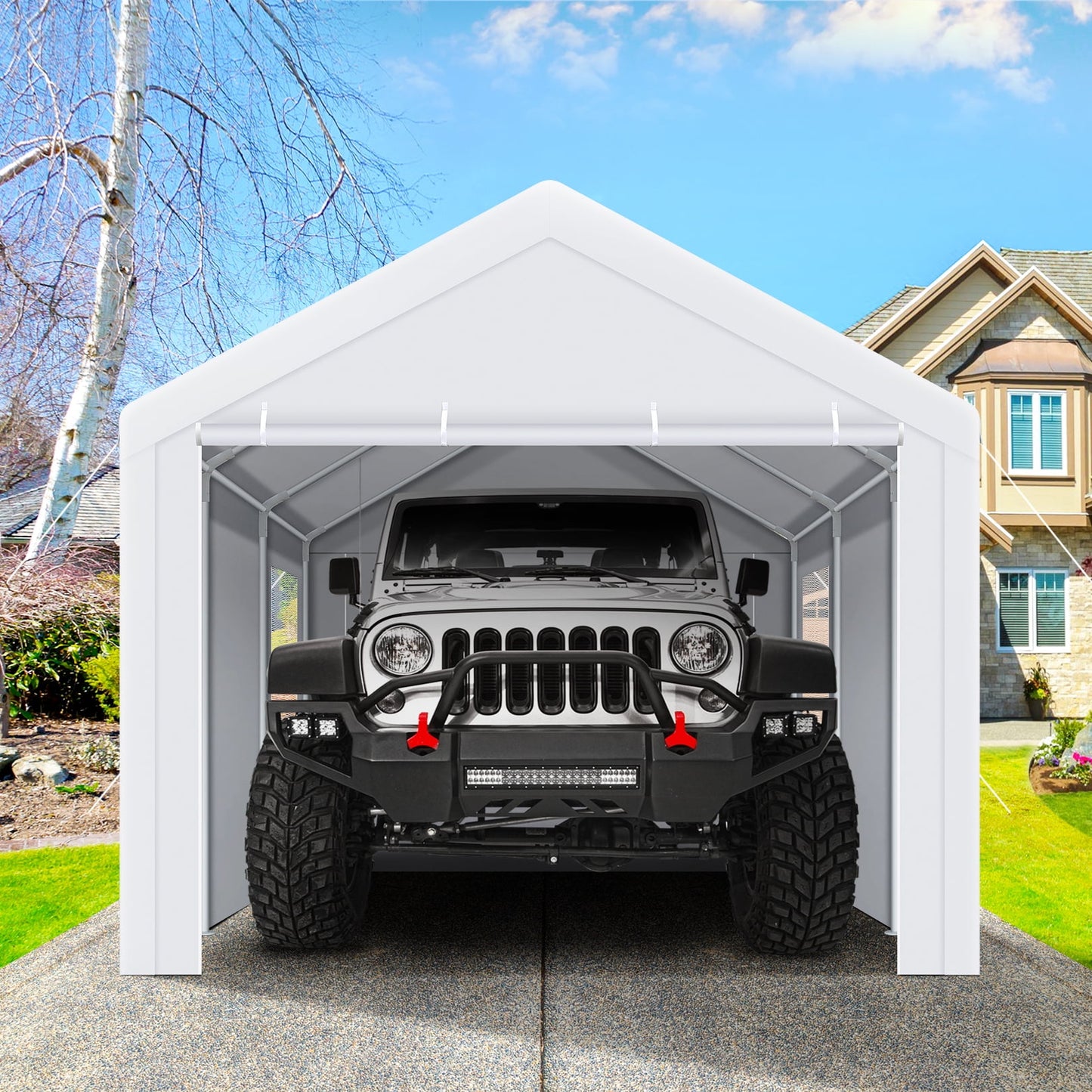 COBIZI Carport 10'x20' Large Heavy Duty Car Tent with Powder-Coated Steel Frame, Portable Garage with Removable Sidewalls & Doors, Car Canopy with All-Season Tarp for Outdoor Party, Birthday, White