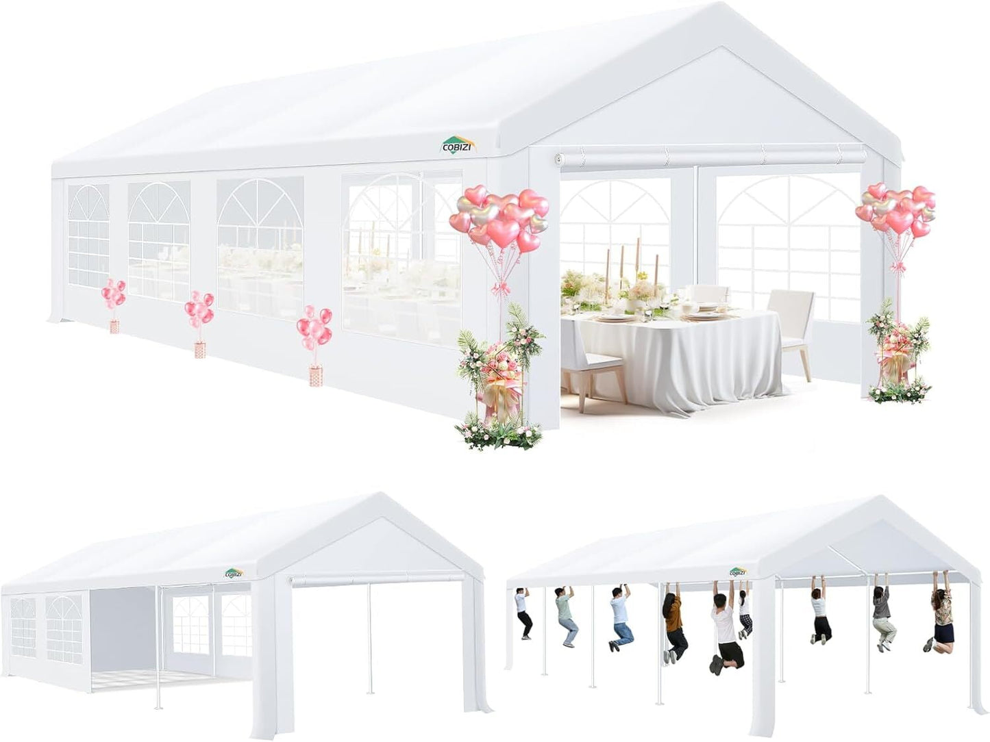 COBIZI 10x30ft Party Tent Heavy Duty, Wedding Tent, Event Tent for Parties, Carpas para Fiestas with 6 Removable Sidewalls, 10x30 Tent with Built-in Sandbag, UV50+, Waterproof, Carport, White