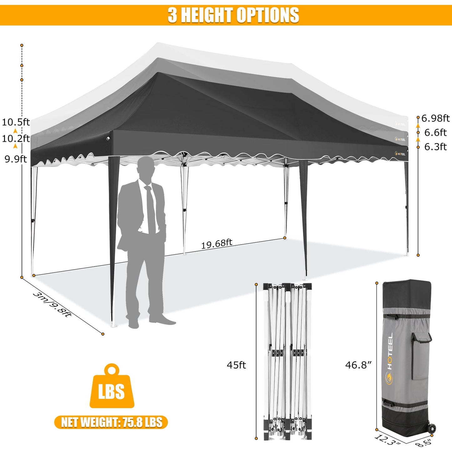 COBIZI 10x20 Canopy Tent Pop Up Canopy, Outdoor Shade Tent with Wheeled Bag & Curled Edge Fully Waterproof, Portable Event Tents for Parties, Wedding, Backyard, Camping,black