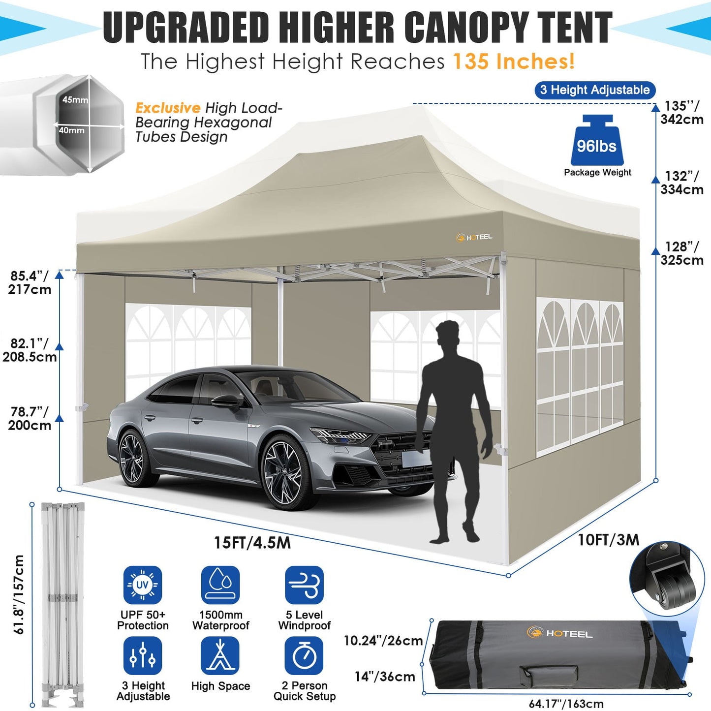 COBIZI 10x15 Pop up Canopy Tent Heavy Duty with 4 Sidewalls Tents for Parties Outdoor Canopy Event Tent Wedding with Roller Bag,Upgraded UV 50+ , Thick Hexagonal Legs, khaki