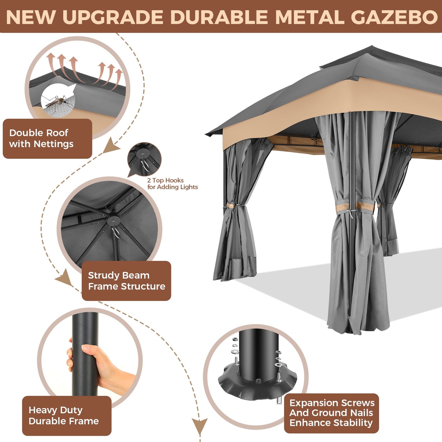 COBIZI Heavy Duty 12x20 Metal Patio Gazebo Outdoor Gazebo Canopy Tent with 6 Mosquito Netting and Curtains Gazebos Shelter 100% Waterproof with Double Roof for Party, Backyard, Deck, Garden, Brown