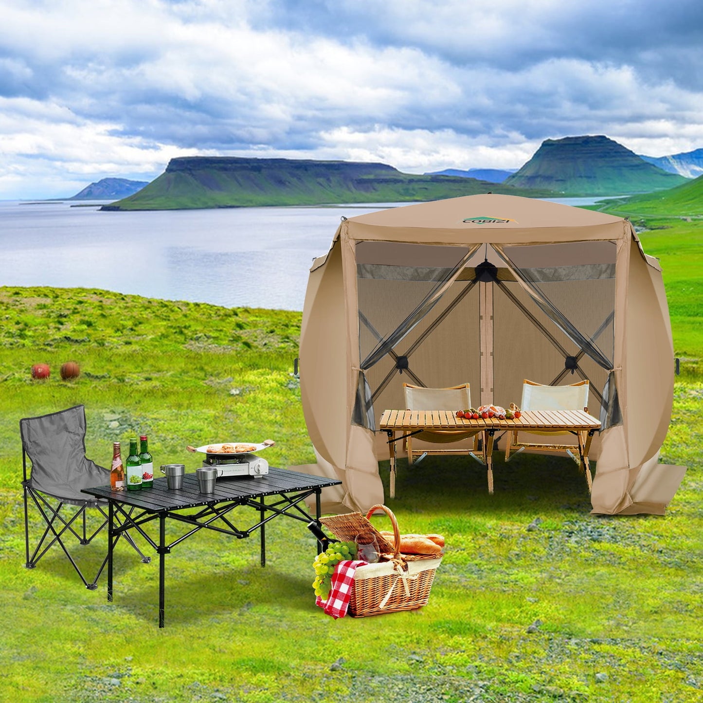 COBIZI 10x10ft Pop up Gazebo Screen Tent Screen House for Camping,5 Sided Pop-up Camping Canopy Shelter Tent with Sidewalls,Portable Outdoor Quick-set Hub Tent with Carrying Bag&Ground Stakes,Blue