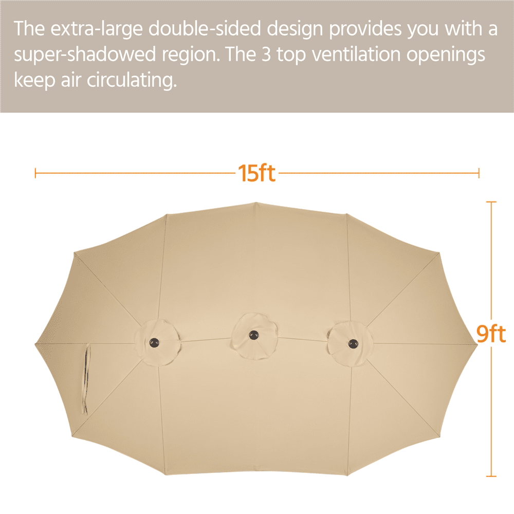 Renwick 15ft Double-Sided Twin Patio Outdoor Umbrella with Base, Tan