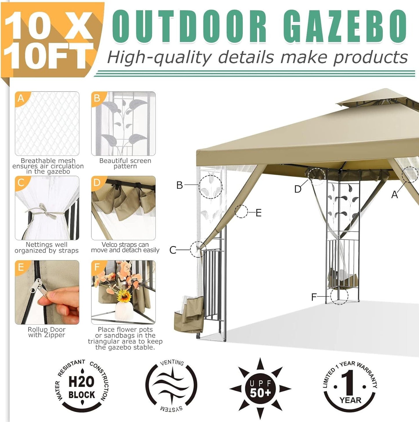 COBIZI Gazebo 10x10 Outdoor Gazebo Patio Gazebo with Mosquito Netting, Heavy Duty Gazebo Double Roof Outdoor Canopy with Sturdy Metal Frame Gazebo Tent for Patio, Deck, Backyard (Khaki, New)