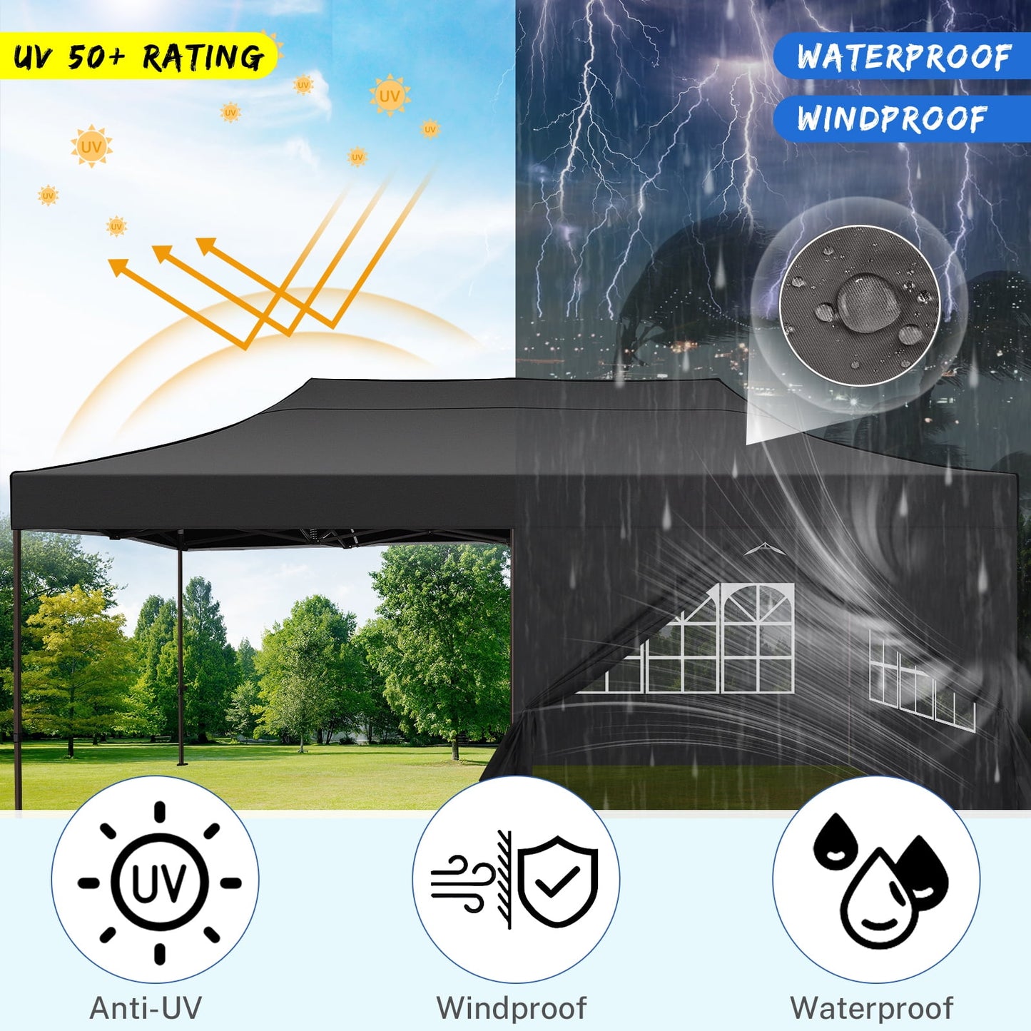 COBIZI 10x20 Pop Up Canopy Tent Heavy Duty with 6 Removable Sidewalls,Commercial Pop Up Tent for Parties All Weather Waterproof Wedding Tent with Roller Bag(Black)