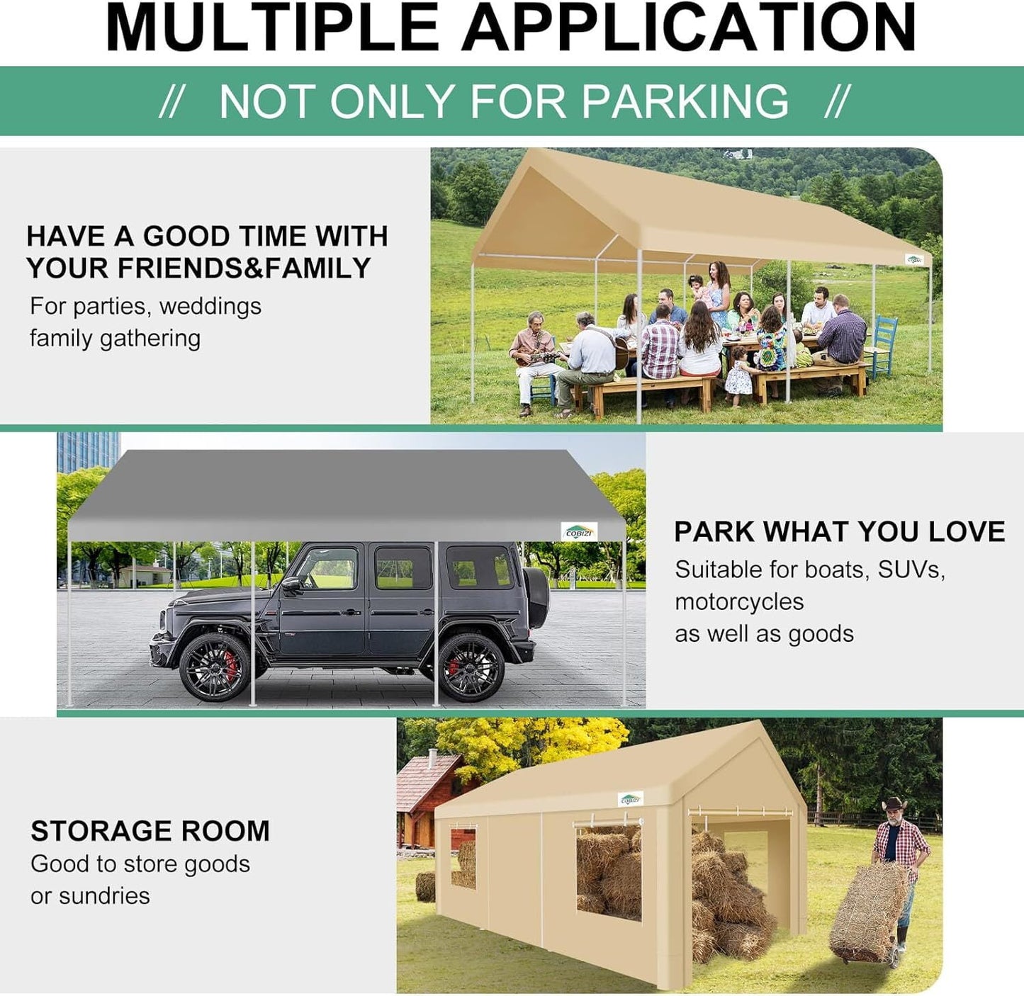 COBIZI 12x20ft Carport Large Heavy Duty Car Tent with Powder-Coated Steel Frame, Portable Garage with Removable Sidewalls & Doors, Car Canopy with All-Season Tarp for Outdoor Party, Birthday, Khaki