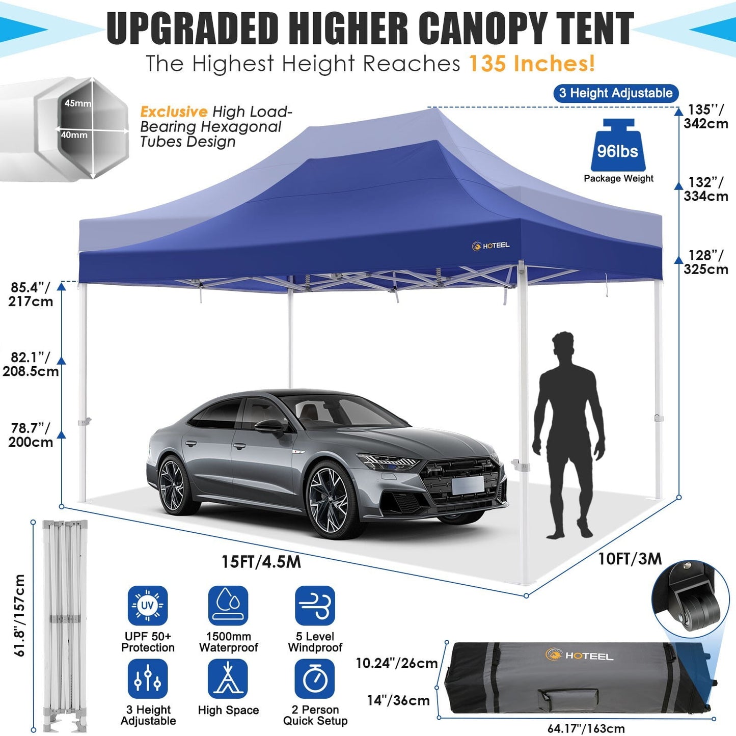 COBIZI 10x15 Canopy Tent Heavy Duty Pop Up Canopy Tent for Parties Event Wedding Commercial Easy Up Canopy with Roller Bag,UV 50+ & Upgraded No Water Accumulation, Thick Hexagonal Legs,Dark Blue