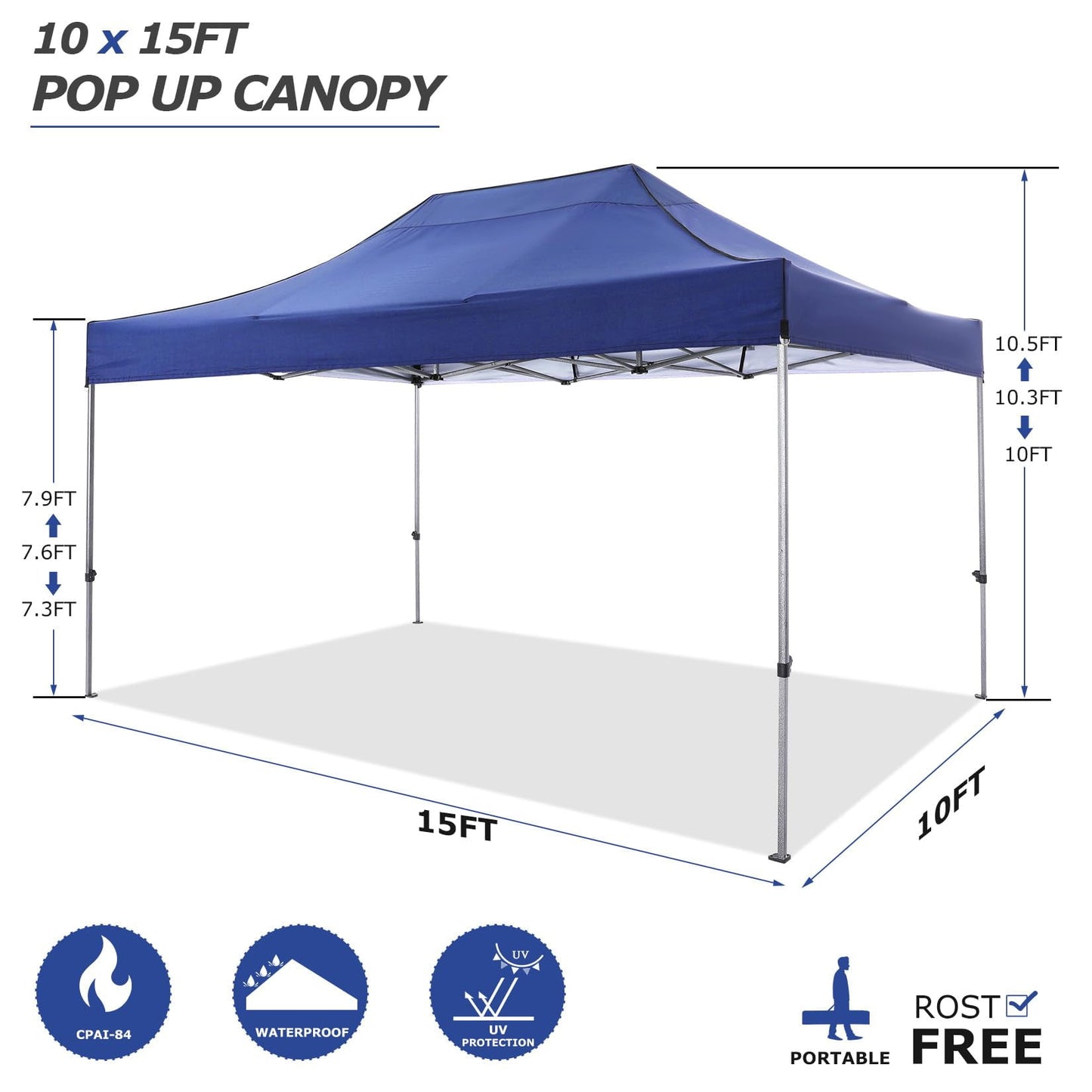 COBIZI 10x15ft Commercial Pop Up Canopy, Waterproof Gazebo with 4 Sidewalls - Blue