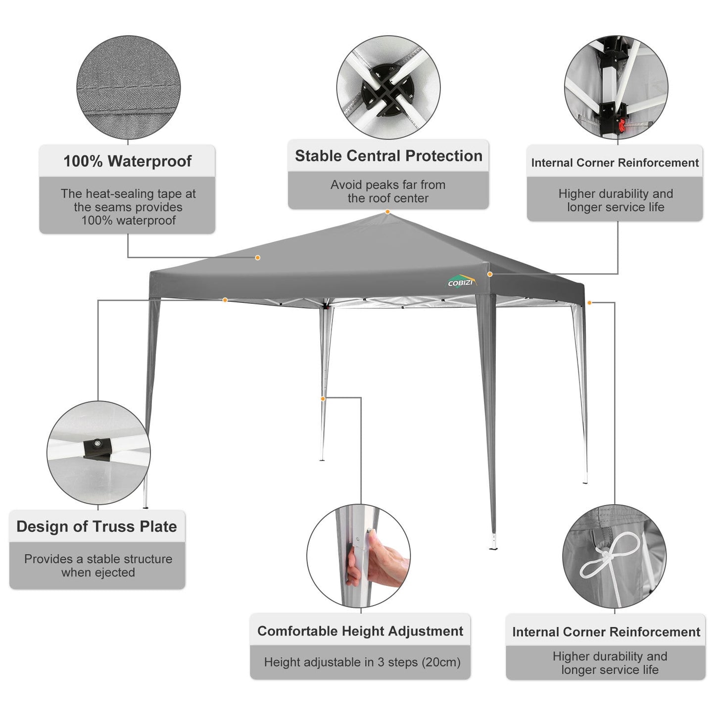 COBIZI 10x10 Ez Pop Up Canopy Tent,Commercial Instant Gazebo Tents for Parties,Waterproof Adjustable Outdoor Patio Backyard Canopy Party Tent,Gray