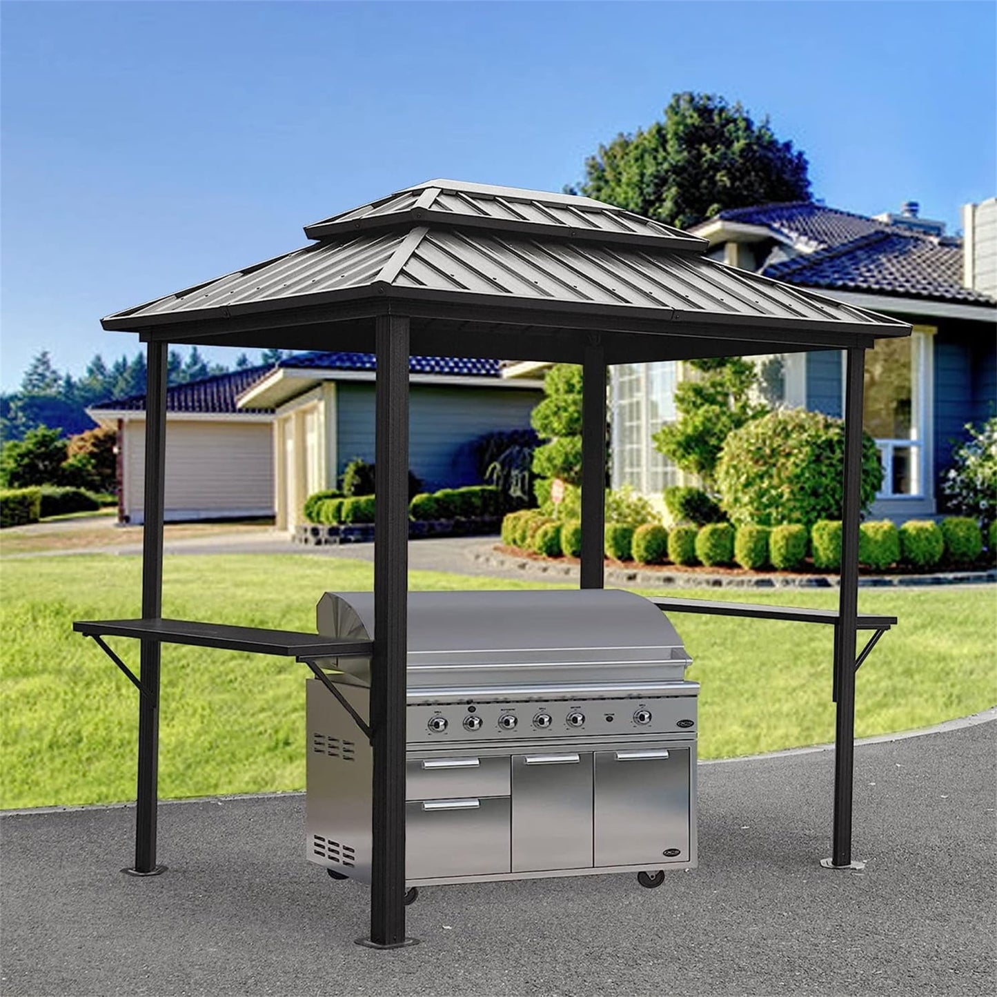 Grill Gazebo 8' ¡Á 6', Aluminum BBQ Gazebo Outdoor Metal Frame with Shelves Serving Tables, Permanent Double Roof Hard top Gazebos for Patio Lawn Deck Backyard and Garden (Grey)