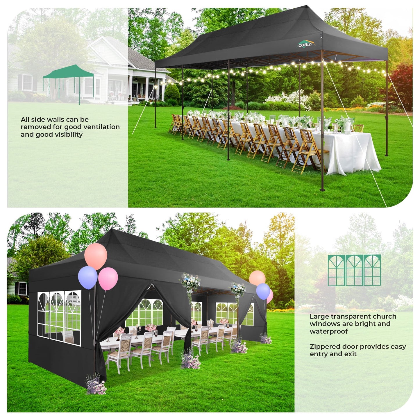 COBIZI Heavy Duty 10x30 Party Tent,Commercial pop up Canopy for Parties,Waterproof Gazebos, 8 Sidewalls,Waterproof UPF50+,Black